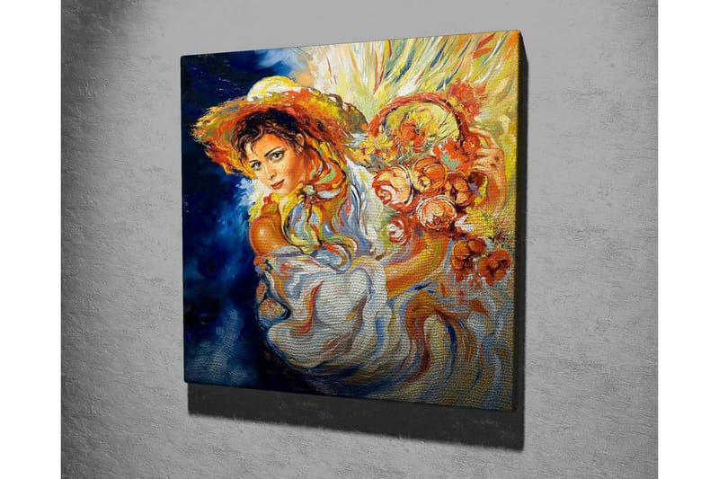 Canvastavla - Ung kvinna med blommor i en korg och en stor hatt - Orange / Blå / Vit - Inredning & dekor - Tavlor & konst - Canvastavla