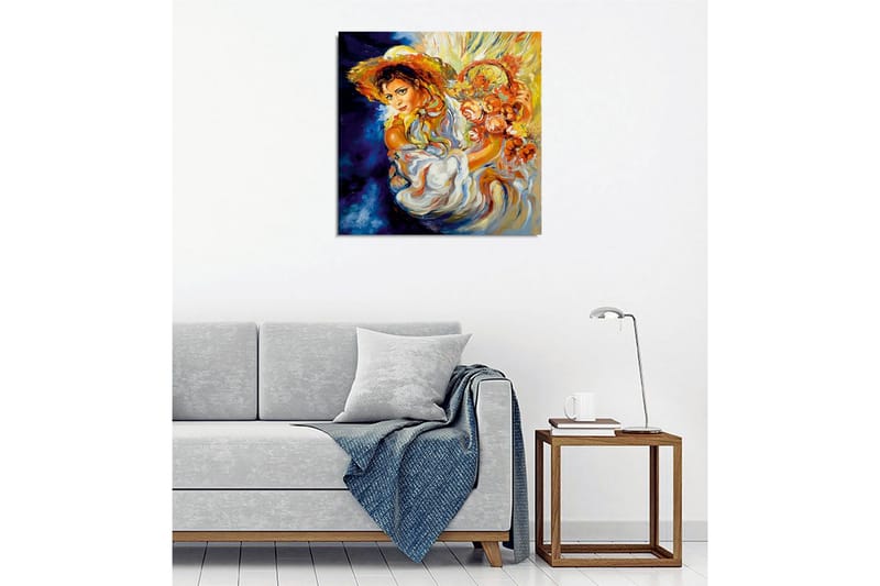 Canvastavla - Ung kvinna med blommor i en korg och en stor hatt - Orange / Blå / Vit - Inredning & dekor - Tavlor & konst - Canvastavla