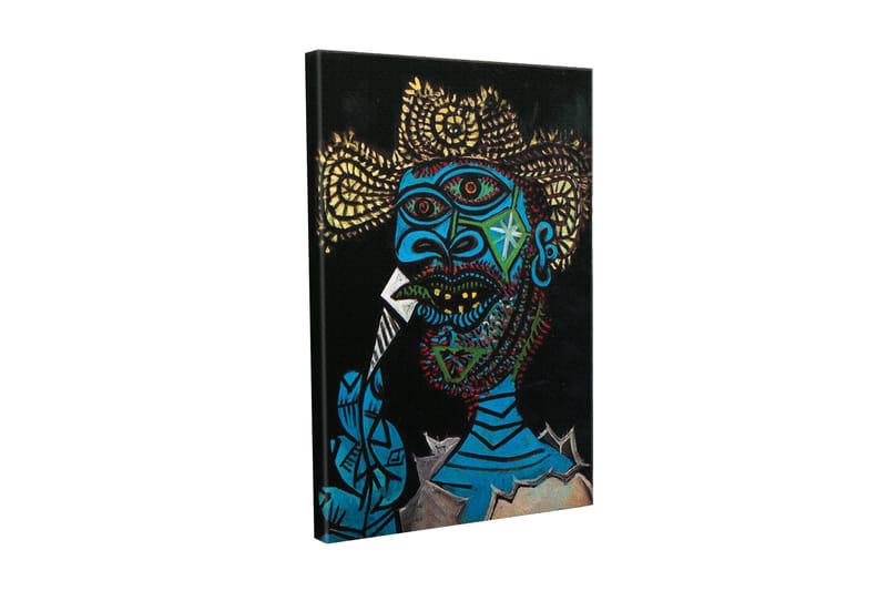 Canvastavla - Uttrycksfull porträtt av en man med färgglada detaljer och en dramatisk bakgrund - Blå / Svart / Gul - Inredning & dekor - Tavlor & konst - Canvastavla