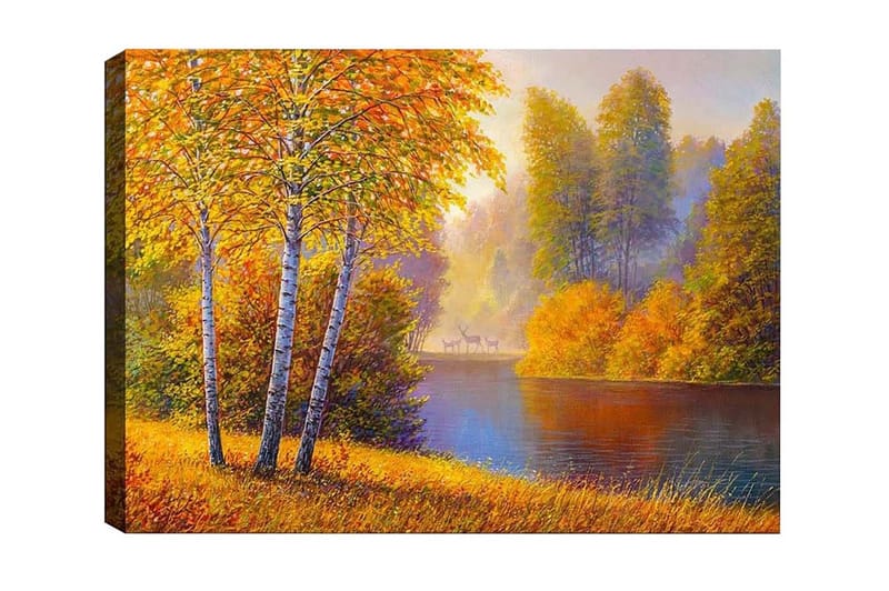 Canvastavla - Vacker höstlandskap med björkar vid en stilla sjö, Guldorange / Grön / Blå