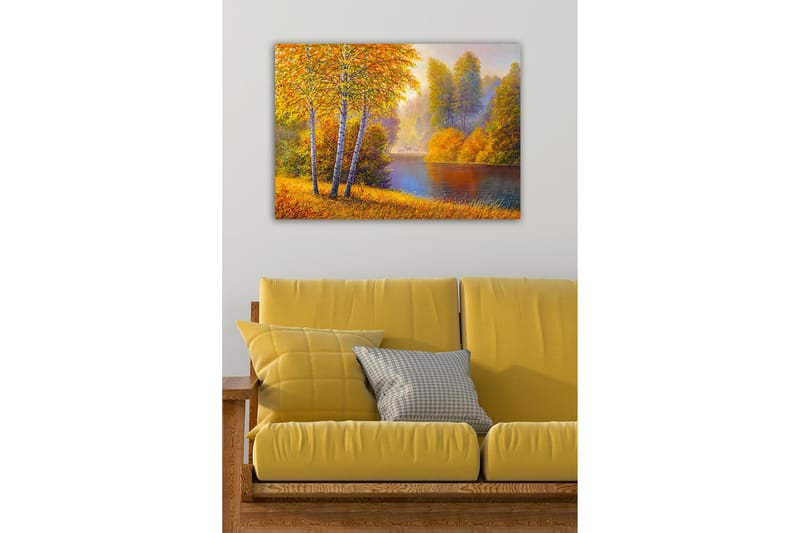 Canvastavla - Vacker höstlandskap med björkar vid en stilla sjö - Guldorange / Grön / Blå - Inredning & dekor - Tavlor & konst - Canvastavla