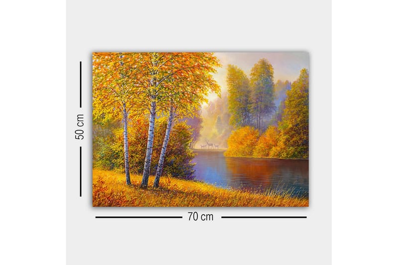 Canvastavla - Vacker höstlandskap med björkar vid en stilla sjö - Guldorange / Grön / Blå - Inredning & dekor - Tavlor & konst - Canvastavla