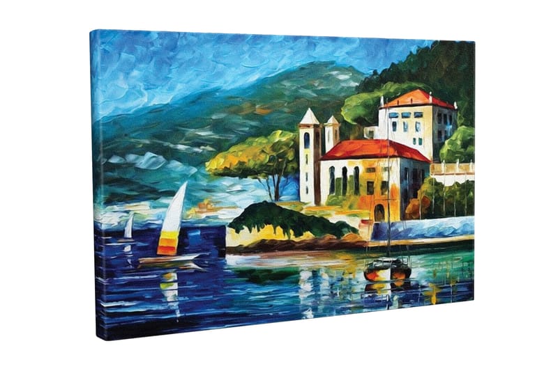 Canvastavla - Vacker kustlandskap med segelbåtar och en pittoresk byggnad vid vattnet - Blå / Grön / Röd - Inredning & dekor - Tavlor & konst - Canvastavla