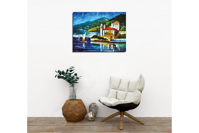 Canvastavla - Vacker kustlandskap med segelbåtar och en pittoresk byggnad vid vattnet - Blå / Grön / Röd - Inredning & dekor - Tavlor & konst - Canvastavla