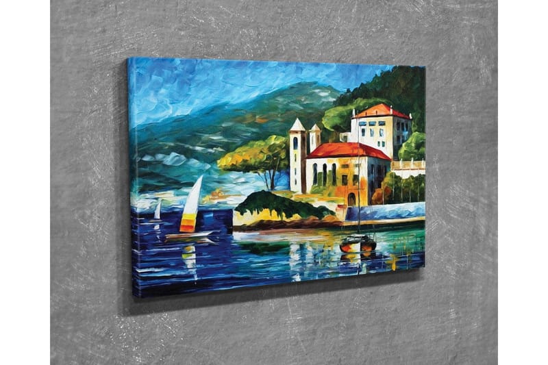 Canvastavla - Vacker kustlandskap med segelbåtar och en pittoresk byggnad vid vattnet - Blå / Grön / Röd - Inredning & dekor - Tavlor & konst - Canvastavla