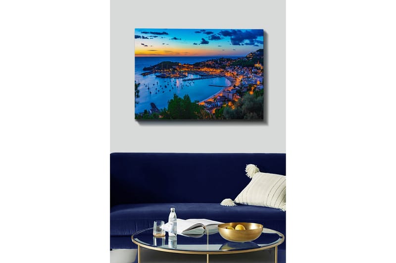 Canvastavla - Vacker kuststad vid skymning med båtar i hamnen - Blå / Orange / Grön - Inredning & dekor - Tavlor & konst - Canvastavla
