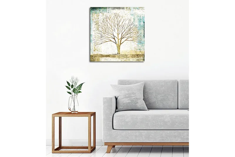 Canvastavla - Vacker silhuett av ett träd mot en mjukt färgad bakgrund - Guld / Turkos / Vit - Inredning & dekor - Tavlor & konst - Canvastavla