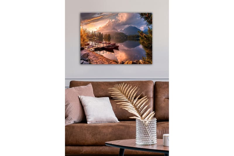 Canvastavla - Vacker sjölandskap med roddbåtar vid solnedgången - Orange / Grön / Blå - Inredning & dekor - Tavlor & konst - Canvastavla