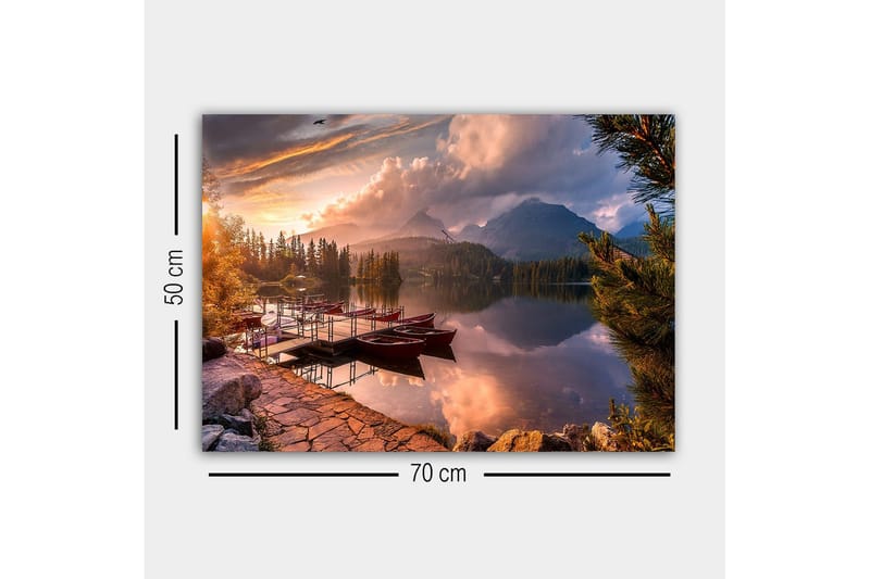 Canvastavla - Vacker sjölandskap med roddbåtar vid solnedgången - Orange / Grön / Blå - Inredning & dekor - Tavlor & konst - Canvastavla