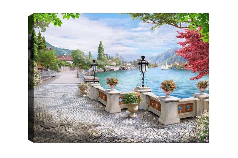 Canvastavla - Vacker sjöutsikt med en promenadgata och blommor i krukor - Grön / Blå / Rosa - Inredning & dekor - Tavlor & konst - Canvastavla
