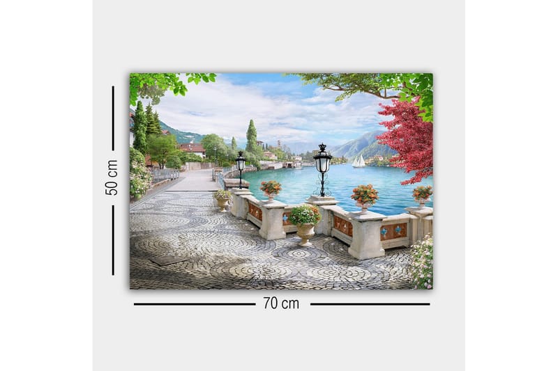 Canvastavla - Vacker sjöutsikt med en promenadgata och blommor i krukor - Grön / Blå / Rosa - Inredning & dekor - Tavlor & konst - Canvastavla