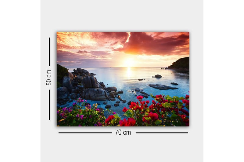 Canvastavla - Vacker solnedgång över havet med blommor i förgrunden - Rosa / Blå / Orange - Inredning & dekor - Tavlor & konst - Canvastavla