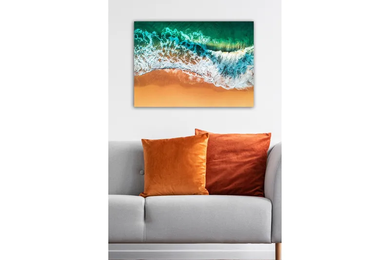 Canvastavla - Vacker vy av hav och strand med vågor som rullar in mot sanden - Turkos / Beige / Vitt - Inredning & dekor - Tavlor & konst - Canvastavla