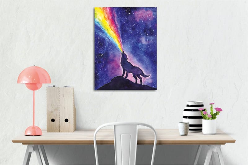 Canvastavla - Varg som ylar mot en färgglad regnbåge i natthimlen - Mörkblå / Lila / Regnbågsfärger - Inredning & dekor - Tavlor & konst - Canvastavla