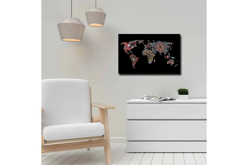 Canvastavla - Världskarta med färgglada blommönster - Röd / Grön / Gul - Inredning & dekor - Tavlor & konst - Canvastavla