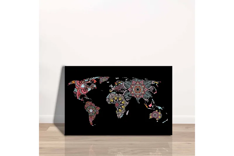 Canvastavla - Världskarta med färgglada blommönster - Röd / Grön / Gul - Inredning & dekor - Tavlor & konst - Canvastavla