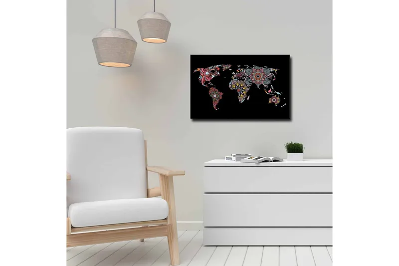 Canvastavla - Världskarta med färgglada blommönster - Röd / Grön / Gul - Inredning & dekor - Tavlor & konst - Canvastavla