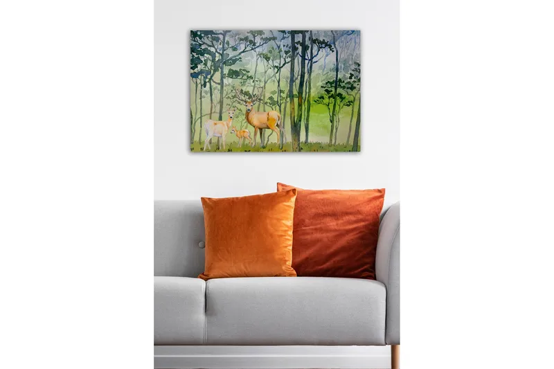 Canvastavla - Viltfamilj i en skogsmiljö med rådjur och en liten kid - Grön / Brun / Beige - Inredning & dekor - Tavlor & konst - Canvastavla