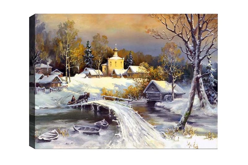 Canvastavla - Vinterlandskap med en bro och snötäckta hus - Vit / Grå / Gul - Inredning & dekor - Tavlor & konst - Canvastavla