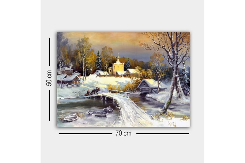 Canvastavla - Vinterlandskap med en bro och snötäckta hus - Vit / Grå / Gul - Inredning & dekor - Tavlor & konst - Canvastavla