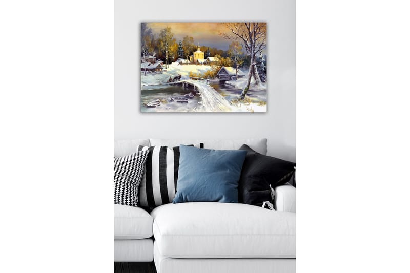 Canvastavla - Vinterlandskap med en bro och snötäckta hus - Vit / Grå / Gul - Inredning & dekor - Tavlor & konst - Canvastavla