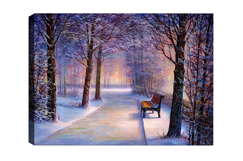 Canvastavla - Vinterlandskap med en ensam bänk längs en snötäckt väg, Lila / Vit / Brun