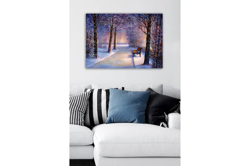 Canvastavla - Vinterlandskap med en ensam bänk längs en snötäckt väg - Lila / Vit / Brun - Inredning & dekor - Tavlor & konst - Canvastavla