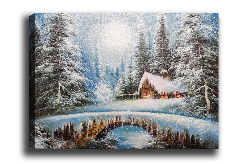 Canvastavla - Vinterlandskap med en stuga och sn öklädda träd - Blå / Vit / Brun - Inredning & dekor - Tavlor & konst - Canvastavla