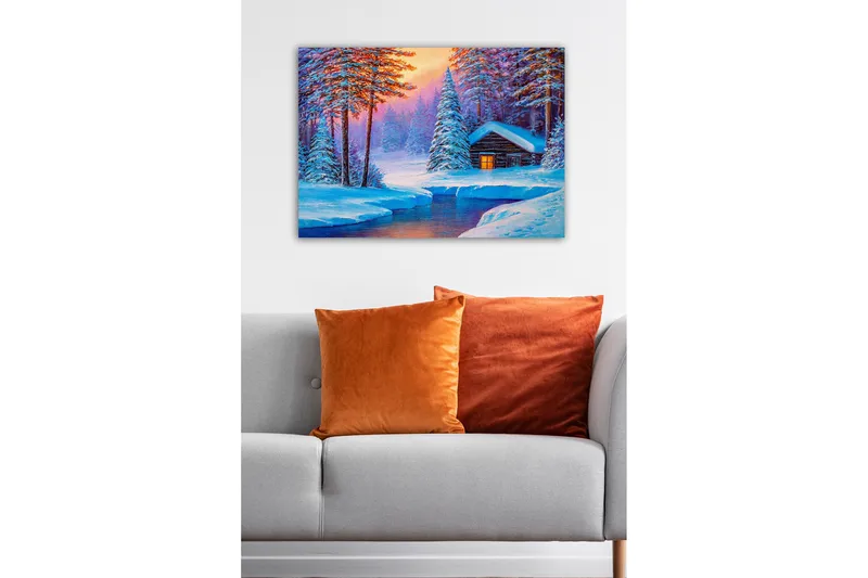 Canvastavla - Vinterlandskap med en stuga omgiven av snöklädda träd - Blå / Vit / Lila - Inredning & dekor - Tavlor & konst - Canvastavla