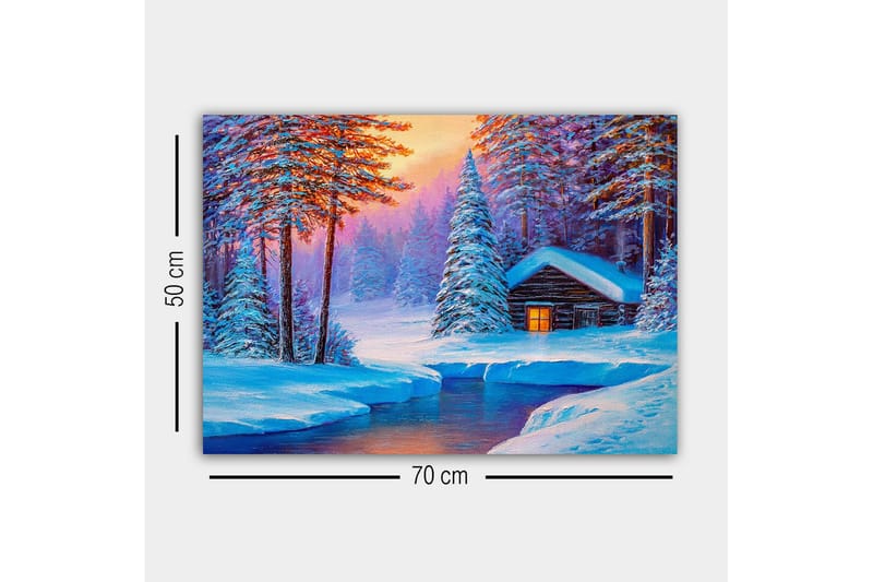 Canvastavla - Vinterlandskap med en stuga omgiven av snöklädda träd - Blå / Vit / Lila - Inredning & dekor - Tavlor & konst - Canvastavla