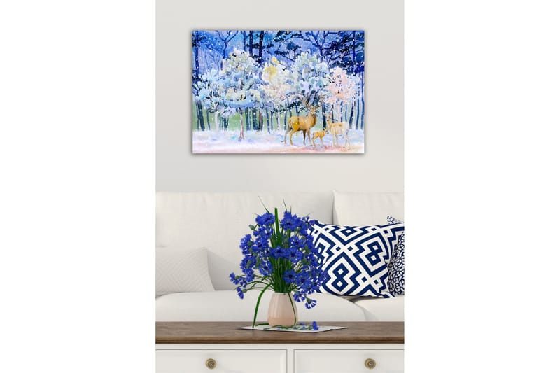 Canvastavla - Vinterlandskap med rådjur och snöklädda tr äd - Blå / Vit / Beige - Inredning & dekor - Tavlor & konst - Canvastavla