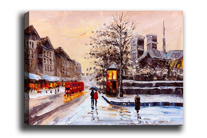 Canvastavla - Vinterlandskap med snöklädda byggnader och en röd buss, Röd / Grå / Vit