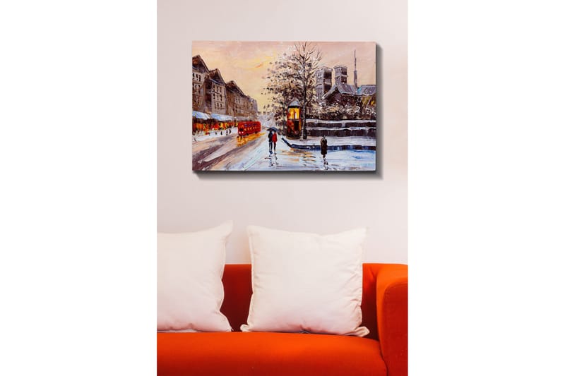 Canvastavla - Vinterlandskap med snöklädda byggnader och en röd buss - Röd / Grå / Vit - Inredning & dekor - Tavlor & konst - Canvastavla