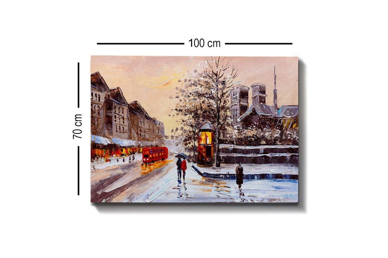 Canvastavla - Vinterlandskap med snöklädda byggnader och en röd buss - Röd / Grå / Vit - Inredning & dekor - Tavlor & konst - Canvastavla