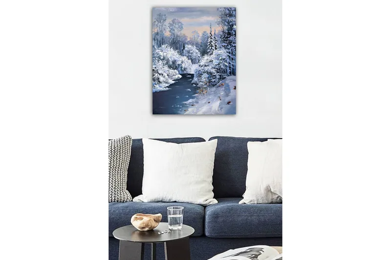 Canvastavla - Vinterlandskap med snöklädda träd och en frusen flod - Vit / Blå / Grå - Inredning & dekor - Tavlor & konst - Canvastavla
