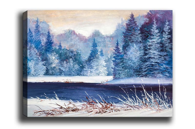 Canvastavla - Vinterlandskap med snöklädda träd och en frusen sjö - Blå / Vit / Lila - Inredning & dekor - Tavlor & konst - Canvastavla