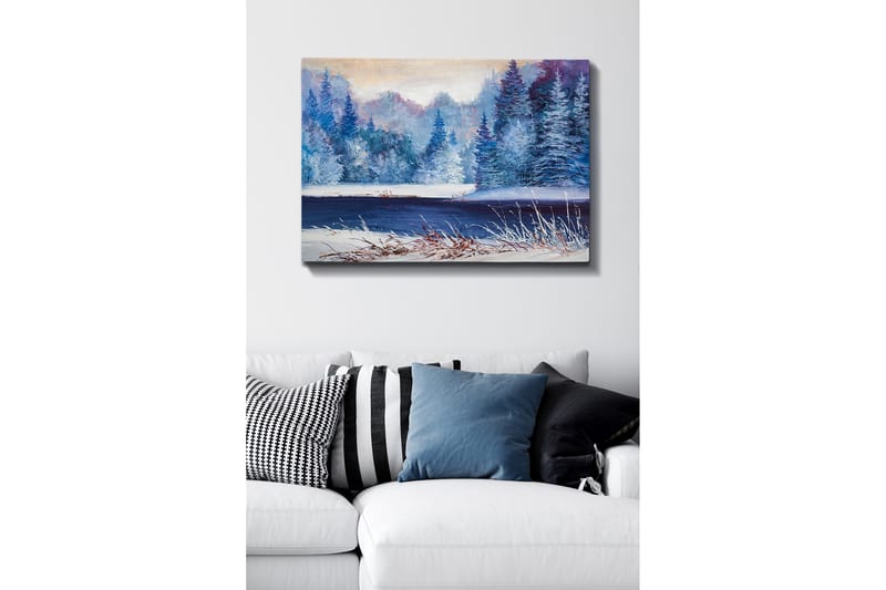 Canvastavla - Vinterlandskap med snöklädda träd och en frusen sjö - Blå / Vit / Lila - Inredning & dekor - Tavlor & konst - Canvastavla