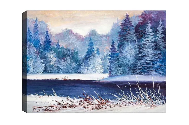 Canvastavla - Vinterlandskap med snöklädda träd och en spegelblanka sjö, Blå / Vit / Mörkgrön