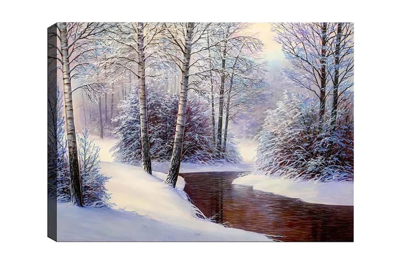 Canvastavla - Vinterlandskap med snötäckta träd och en stilla bäck, Vit / Blå / Brun