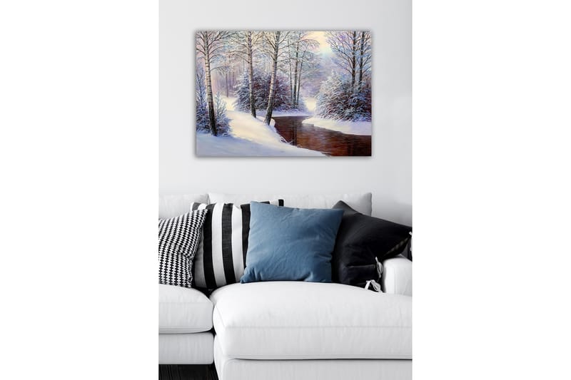 Canvastavla - Vinterlandskap med snötäckta träd och en stilla bäck - Vit / Blå / Brun - Inredning & dekor - Tavlor & konst - Canvastavla