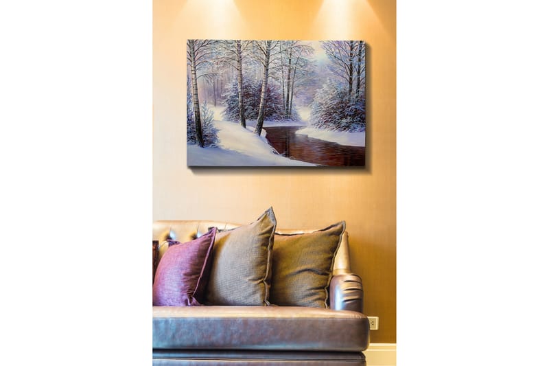 Canvastavla - Vinterlandskap med snötäckta träd och en stilla bäck - Vit / Blå / Brun - Inredning & dekor - Tavlor & konst - Canvastavla