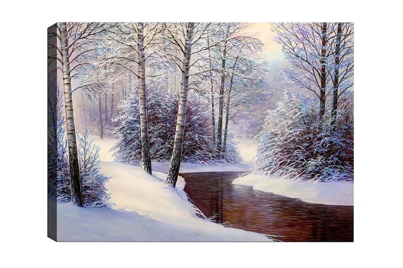 Canvastavla - Vinterlandskap med snötäckta träd och en stilla bäck, Vit / Blå / Brun