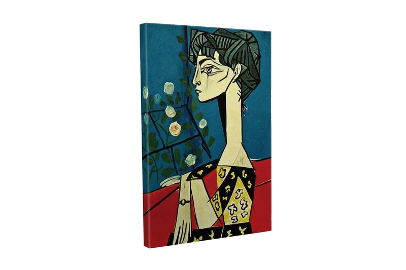 Canvastavla - Porträtt av en kvinna med stiliserade drag och blommor i bakgrunden, Blå / Röd / Svart