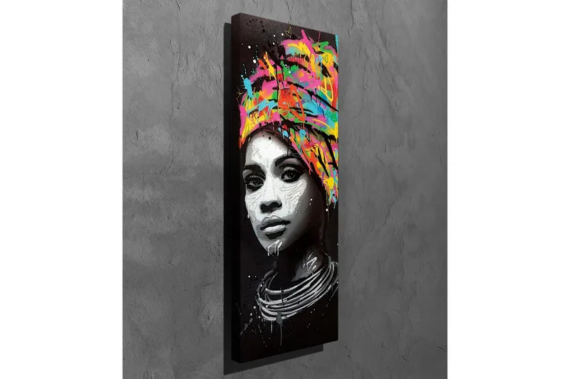 Canvastavla - Porträtt av en kvinna med färgglad huvudduk - Svart / Rosa / Gul - Inredning & dekor - Tavlor & konst - Canvastavla