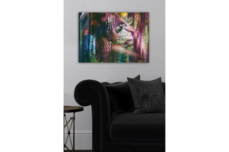 Canvastavla - Porträtt av en kvinna omgiven av färgglada växter - Grön / Rosa / Blå - Inredning & dekor - Tavlor & konst - Canvastavla