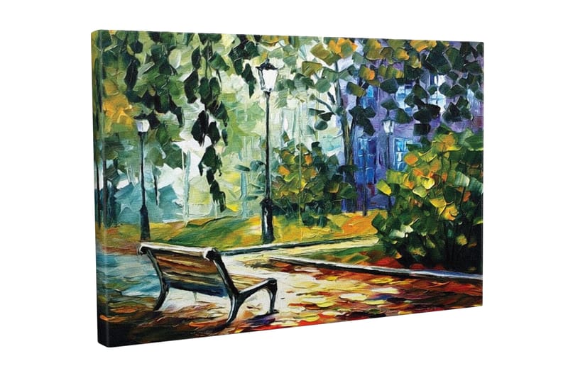 Canvastavla - Parkbänk omgiven av grönskande träd och lampor i en färgglad miljö, Grön / Gul / Blå