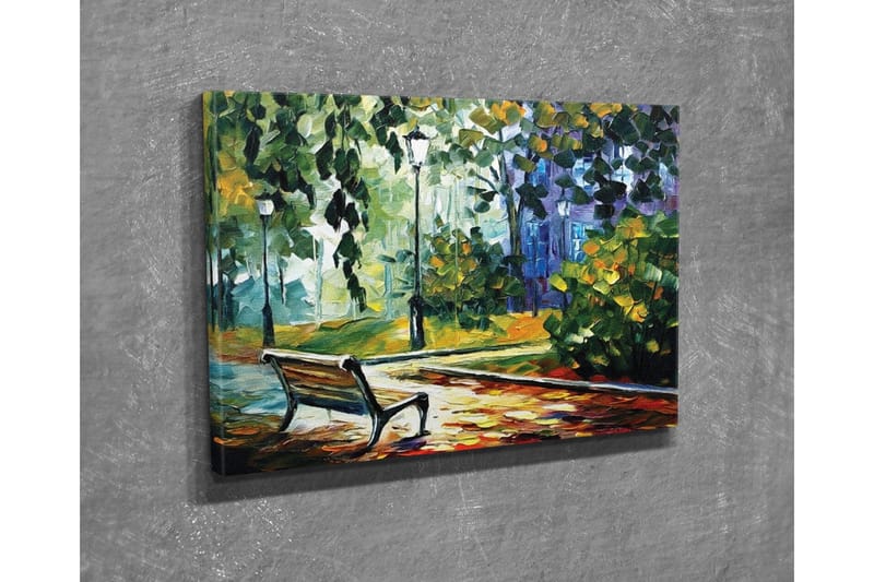 Canvastavla - Parkbänk omgiven av grönskande träd och lampor i en färgglad miljö - Grön / Gul / Blå - Inredning & dekor - Tavlor & konst - Canvastavla
