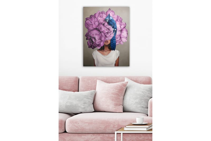 Canvastavla - Porträtt av en kvinna med en stor bukett av rosa blommor som huvudmotiv - Rosa / Blå / Beige - Inredning & dekor - Tavlor & konst - Canvastavla