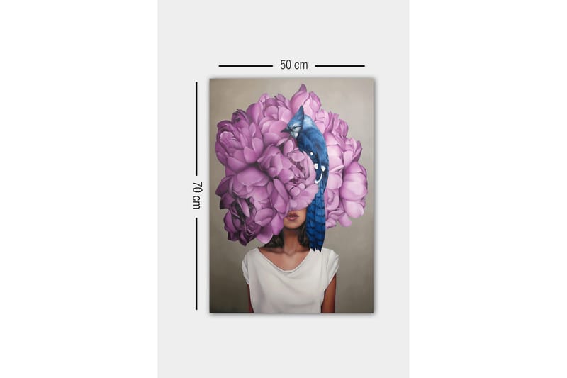 Canvastavla - Porträtt av en kvinna med en stor bukett av rosa blommor som huvudmotiv - Rosa / Blå / Beige - Inredning & dekor - Tavlor & konst - Canvastavla