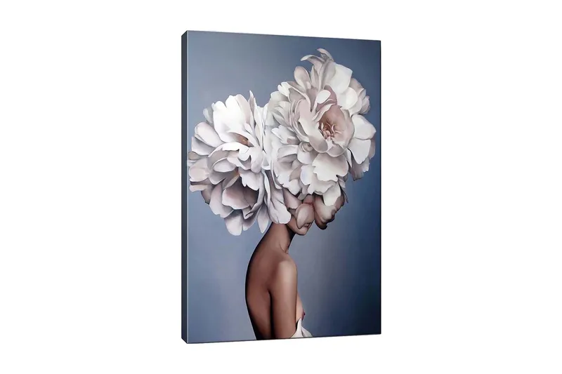 Canvastavla - Porträtt av en kvinna med en stor blomsterkrans som huvudprydnad, Vit / Ljusrosa / Beige